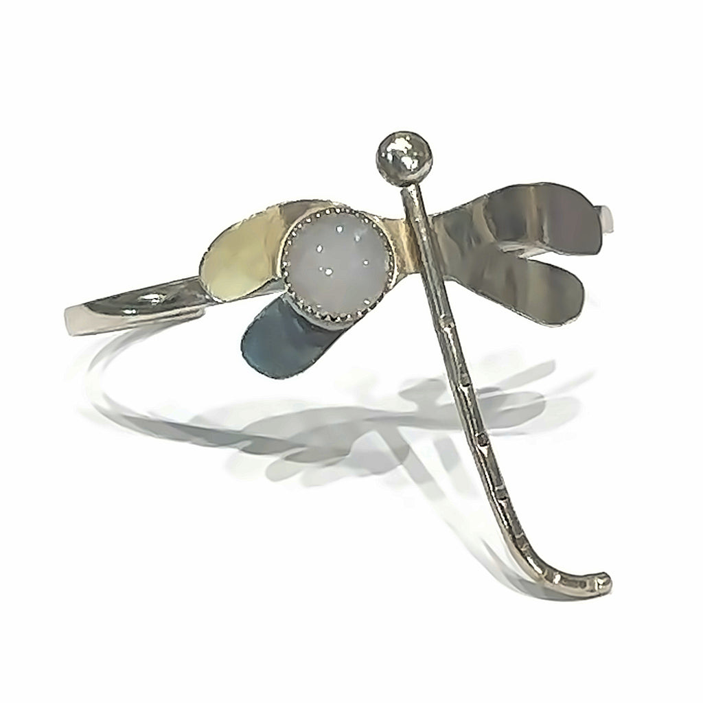 White Druzy Agate Sterling Silver Dragonfly Bangle on white front view