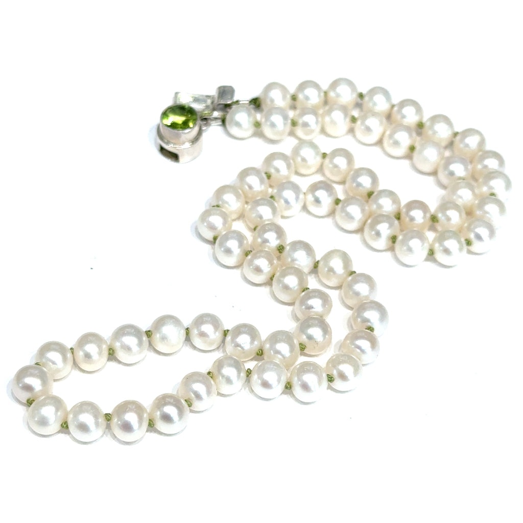 White Freshwater Pearl Necklace on white long close up view