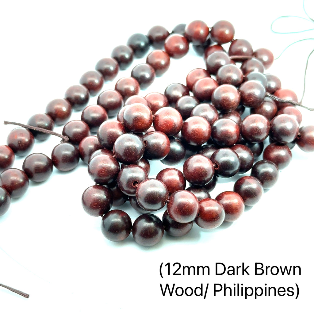Wood Gemstone Strand 12mm dark brown wood on white center view