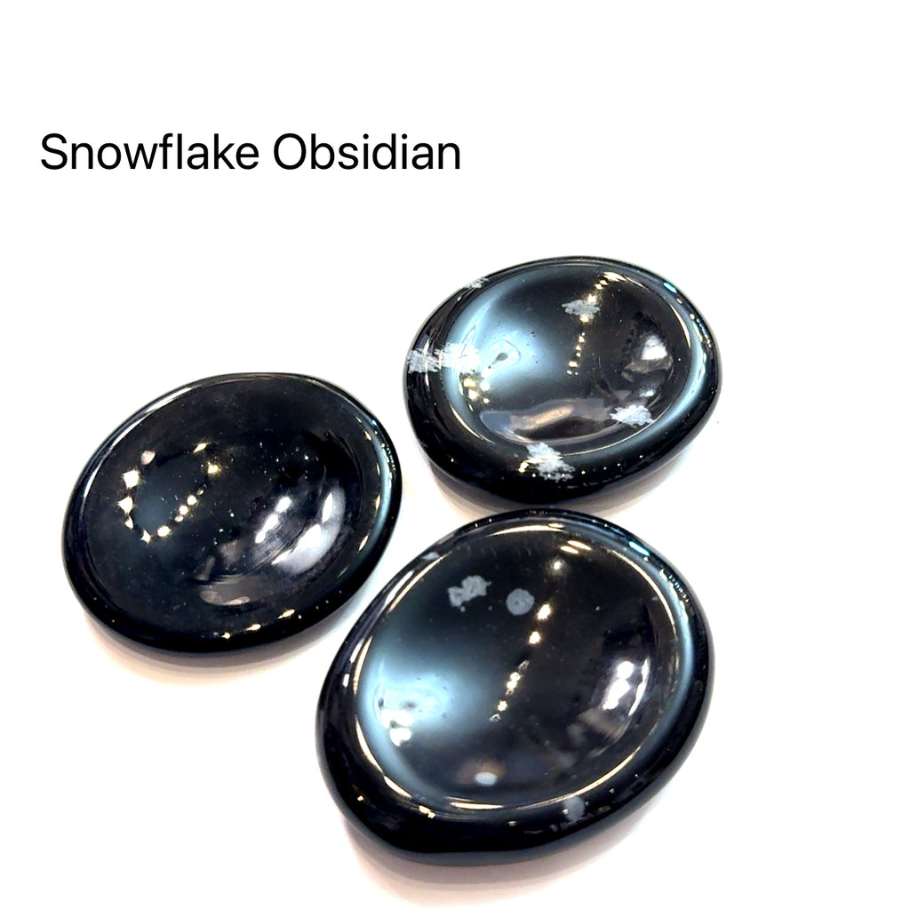 Worry Stone grouping of  snowflake obsidian on white front view
