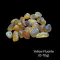 Yellow Fluorite stones on a Black background with the weight range indicated (0-10g), front view. 