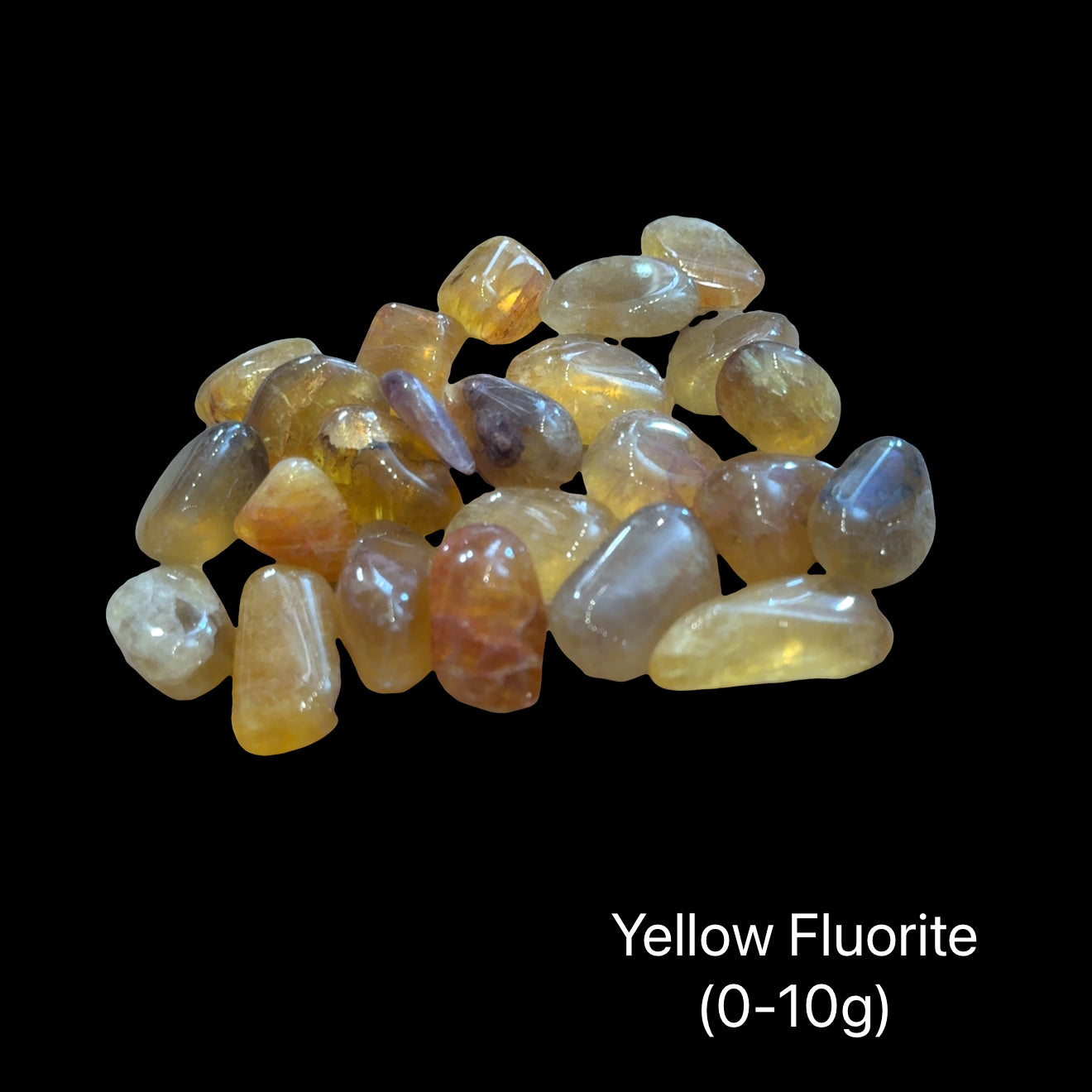 Yellow Fluorite stones on a Black background with the weight range indicated (0-10g), front view. 