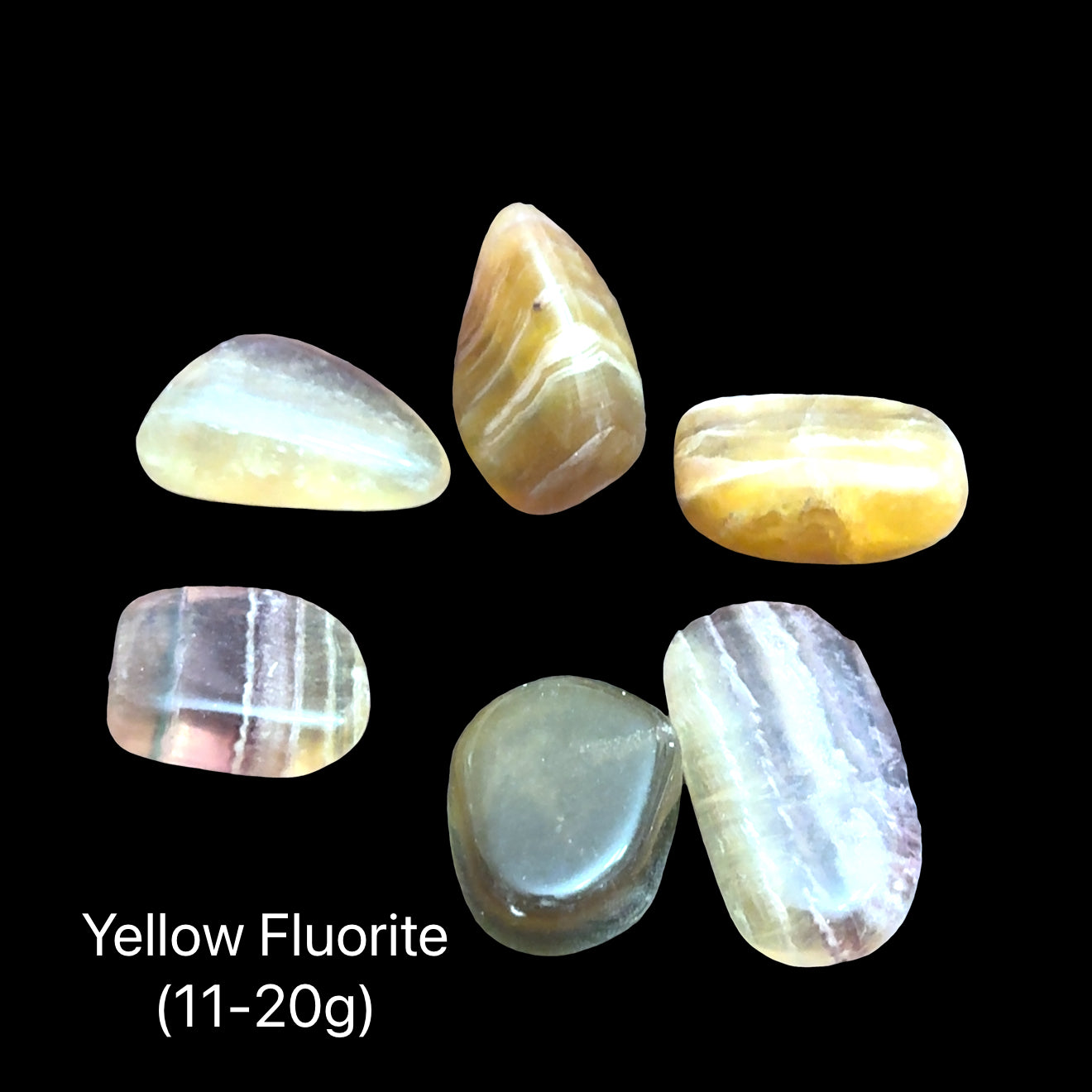 Yellow Fluorite stones on a black background with the weight range indicated (11-20g), front view. 