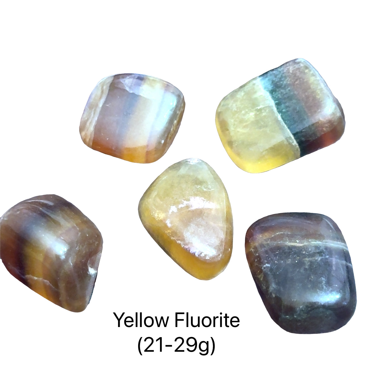 Yellow Fluorite stones on a white background with the weight range indicated (21-29g), front view. 