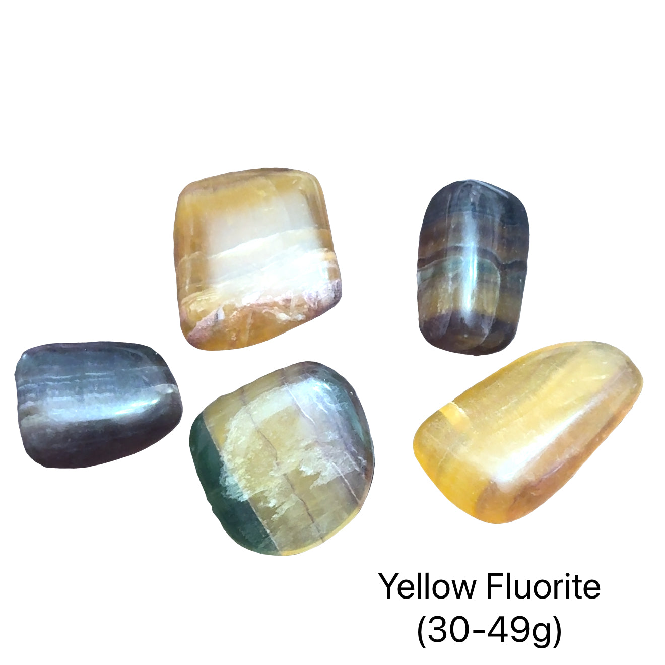 Yellow Fluorite stones on a white background with the weight range indicated (30-49g), front view. 