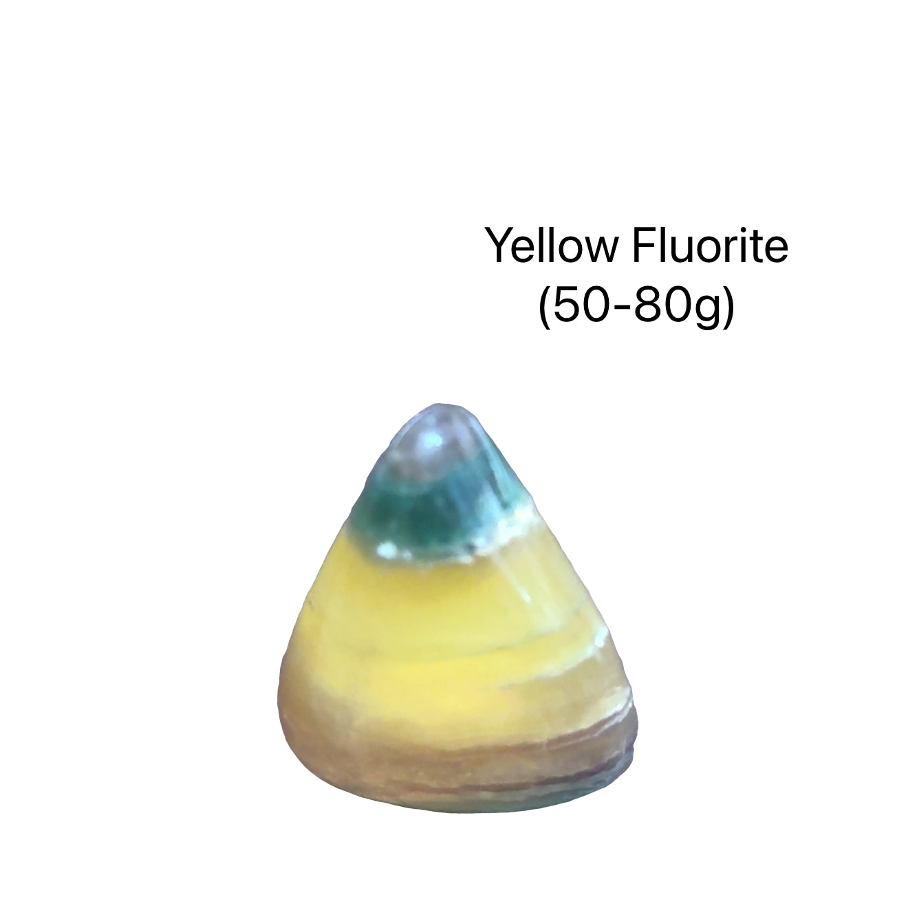 Yellow Fluorite stones on a white background with the weight range indicated (50-80g), front view. 