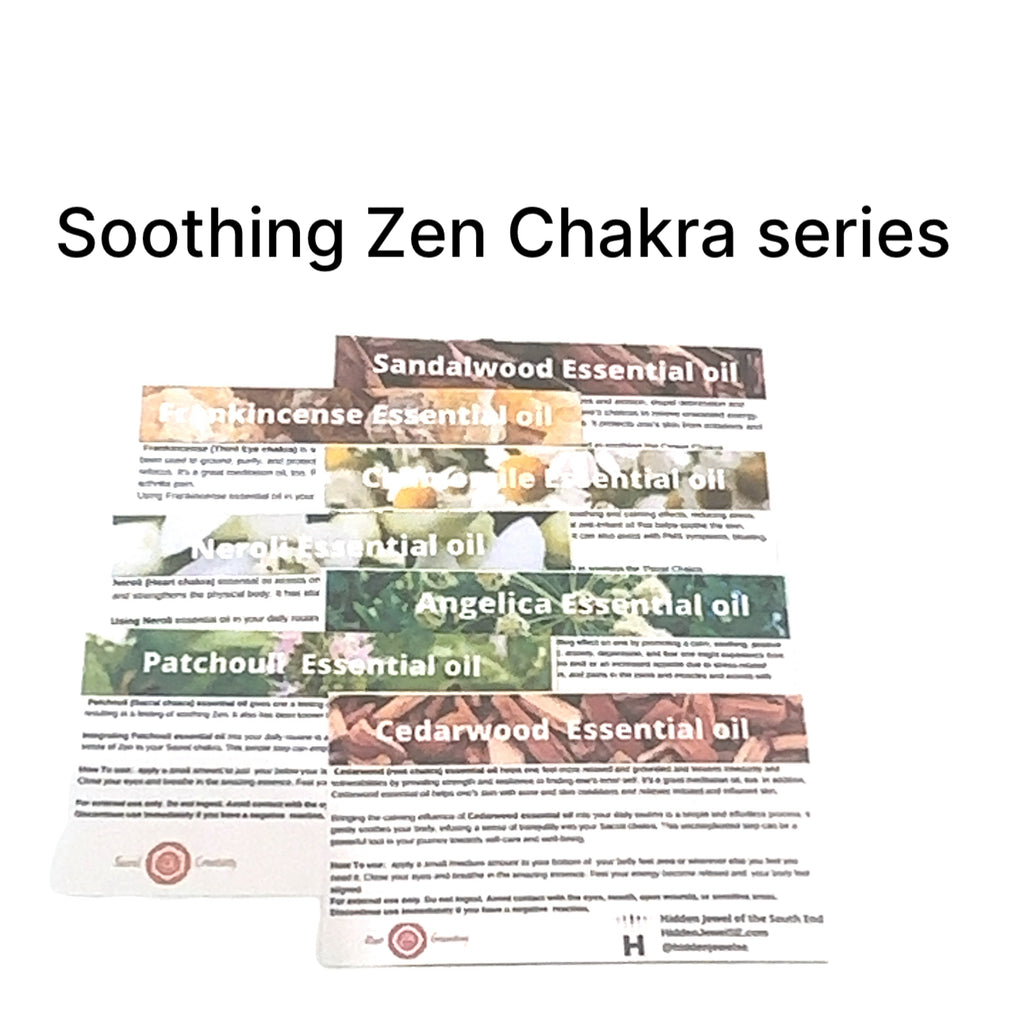 Zen Series Chakra Essential Oil Blends info cards on white front overview