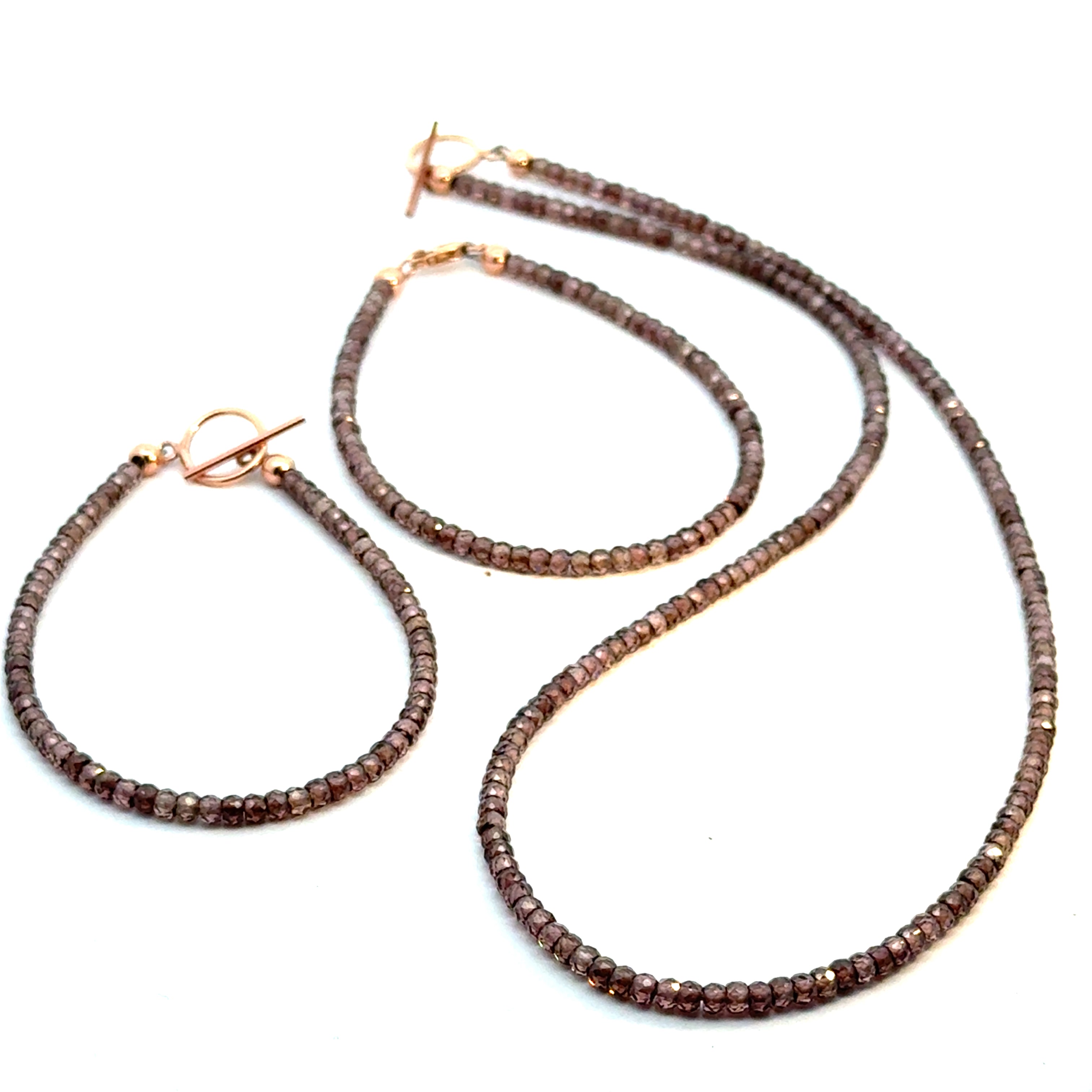Zircon Gemstone Beaded Bracelets with matching necklace on white front overview