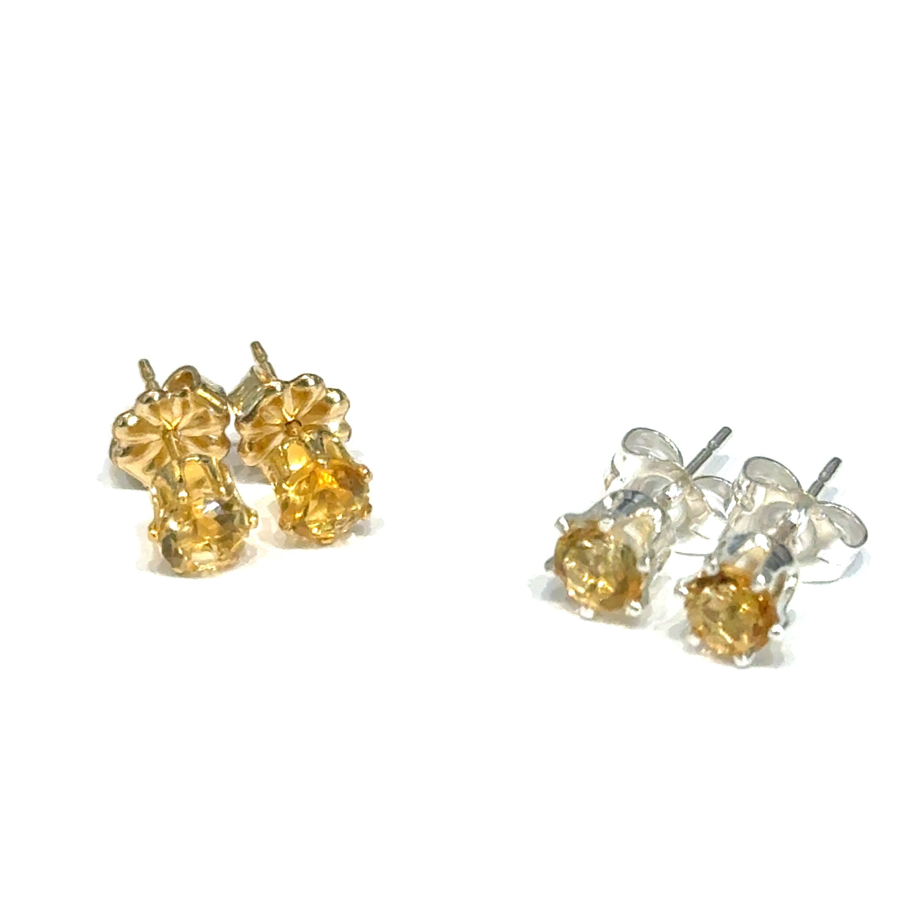 a set of 4 mm faceted citrine stud earrings in sterling silver and Gold filled 6-prong basket setting on a white background front view.