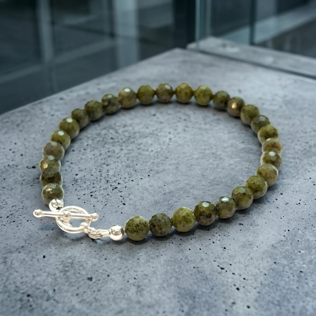Epidote Gemstone Beaded Bracelet – 7" , Handmade Jewelry