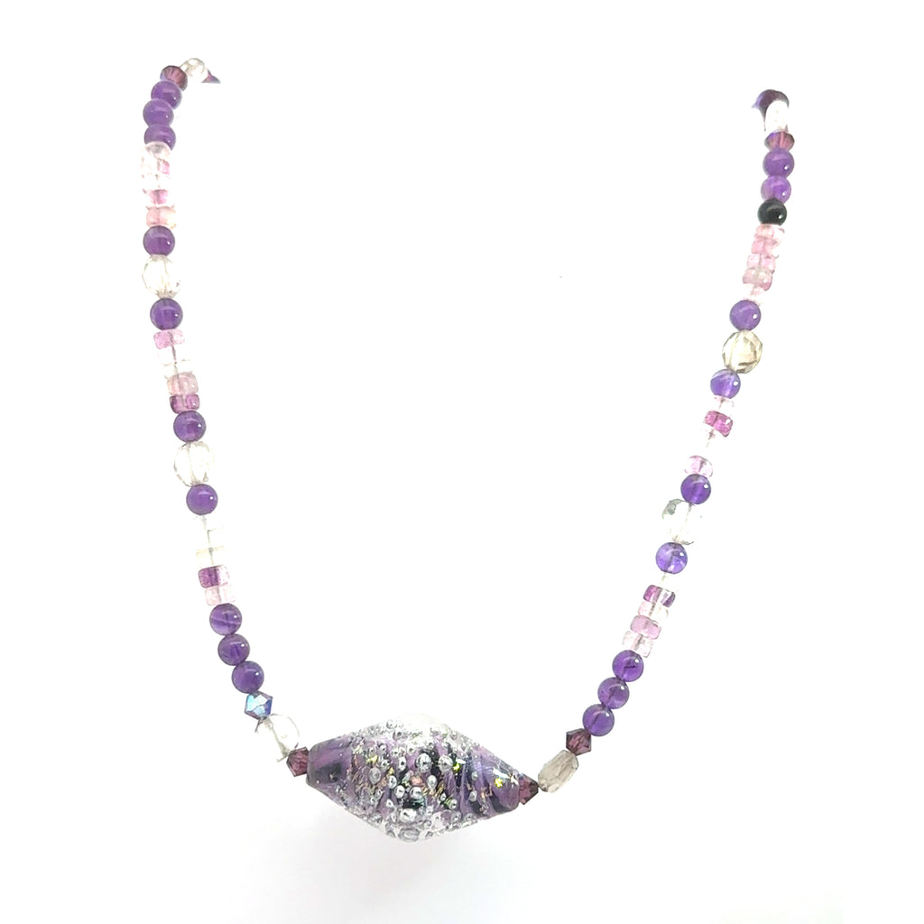 Amethyst and Clear Quartz beaded gemstone necklace with a Blown Glass Centerpiece, jewelry