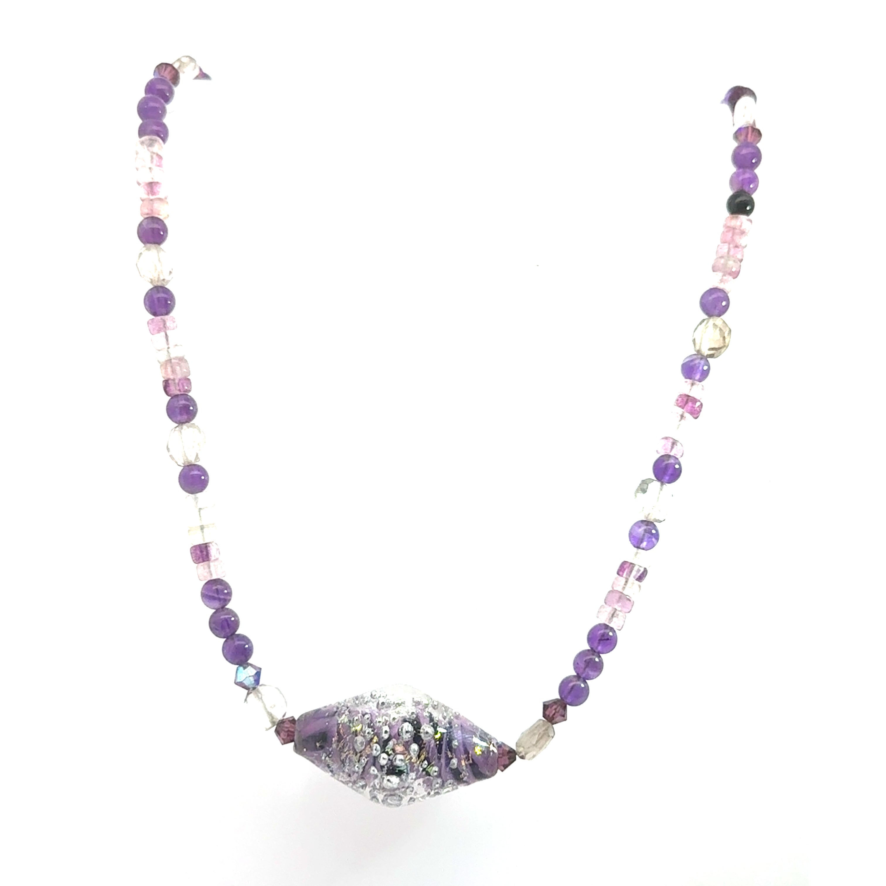 Amethyst and Clear Quartz beaded gemstone necklace with a Blown Glass Centerpiece, jewelry