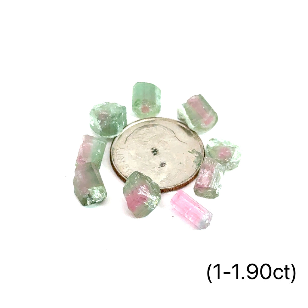 Raw Watermelon Tourmaline gemstone showing pink and green layers on white background front view with dime to show size (1-1.90ct)