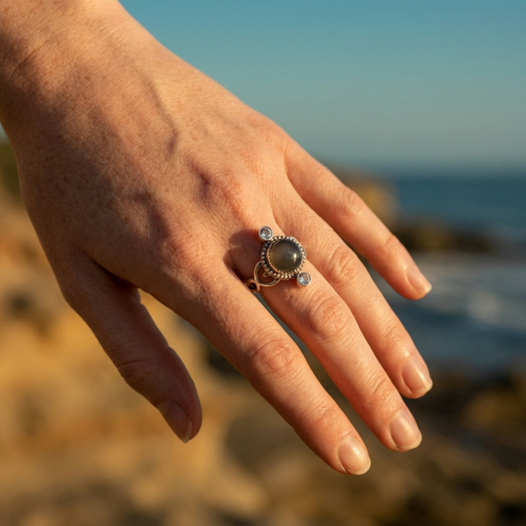 Grey Moonstone & Blue Topaz Sterling Silver Ring - Size 6.25