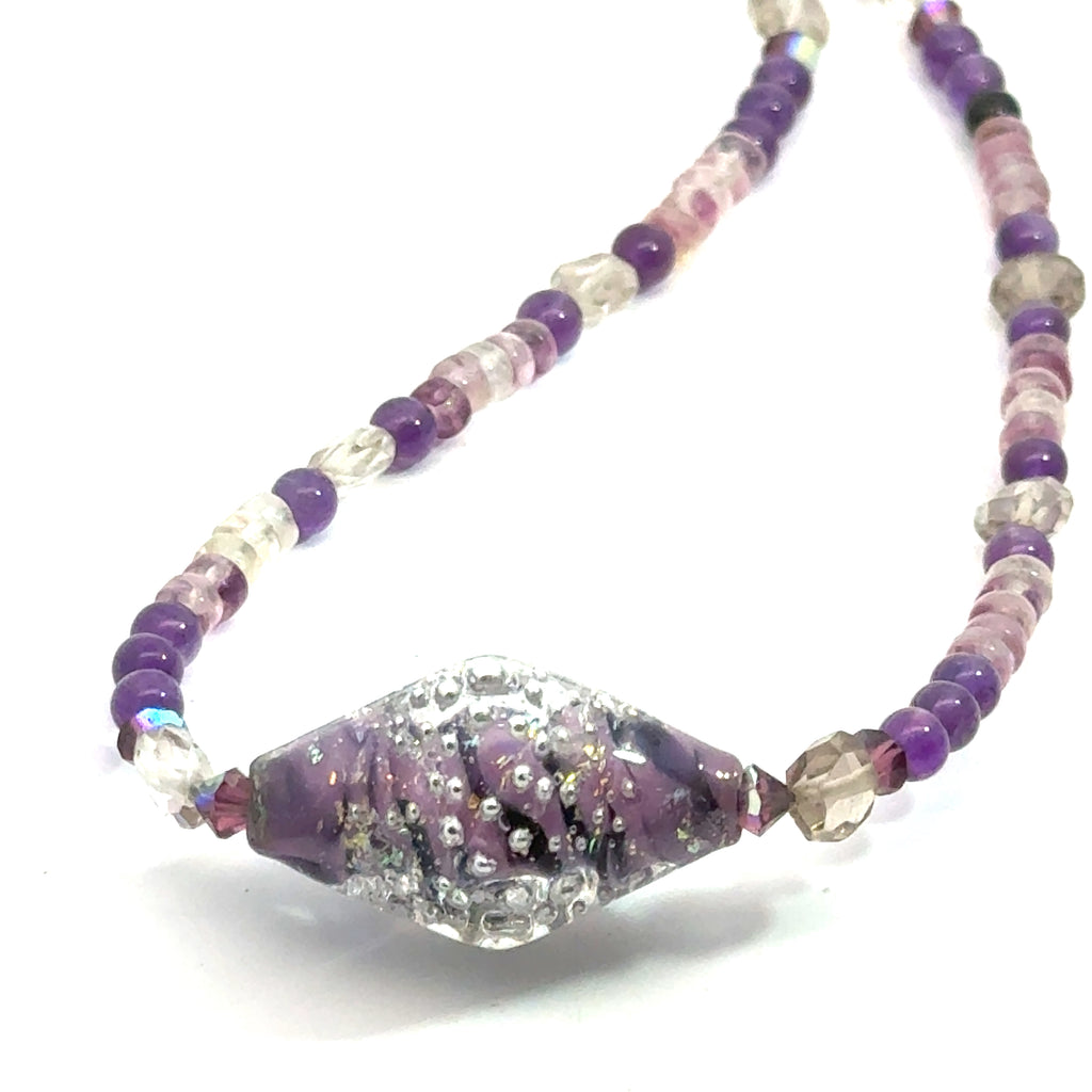 Amethyst and Clear Quartz beaded gemstone necklace with a Blown Glass Centerpiece, jewelry