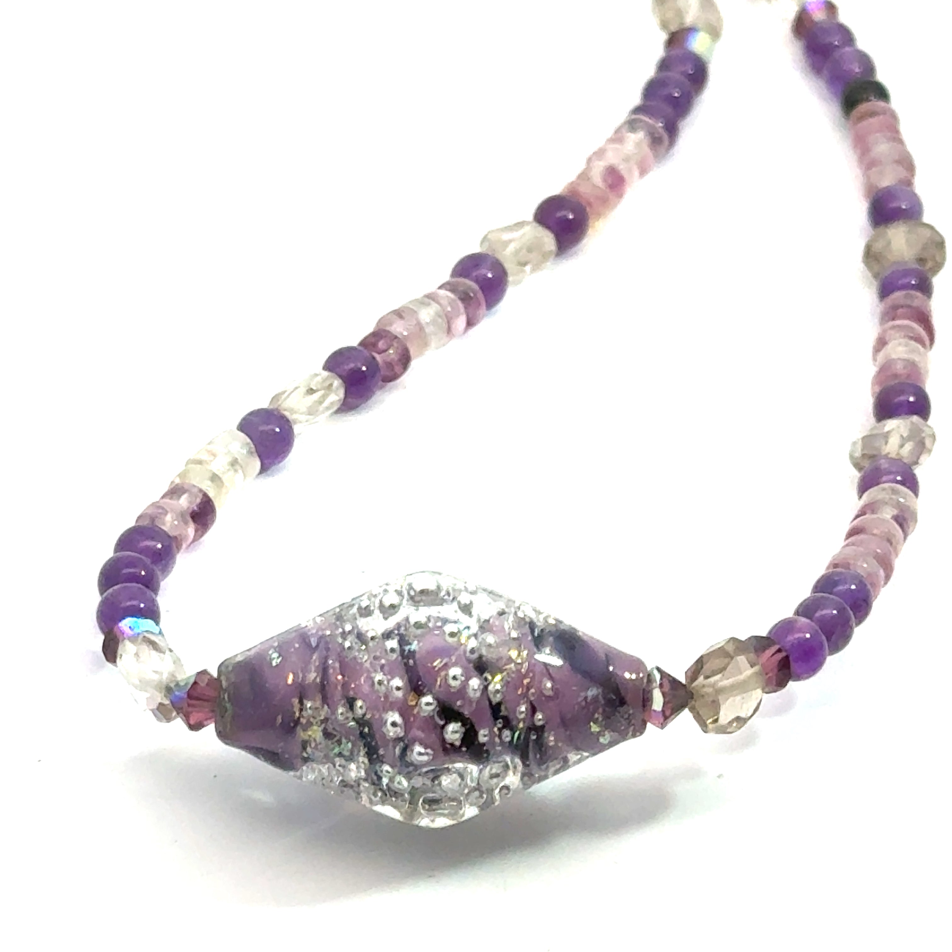 Amethyst and Clear Quartz beaded gemstone necklace with a Blown Glass Centerpiece, jewelry