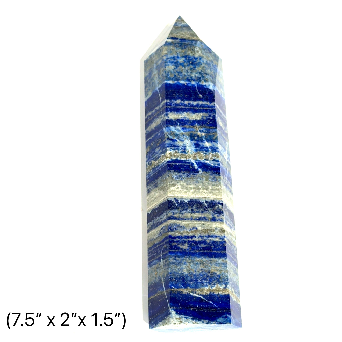 lapis lazuli gemstone tower that is 7.5'' x 2'' x 1.5'' on a white background front view. 