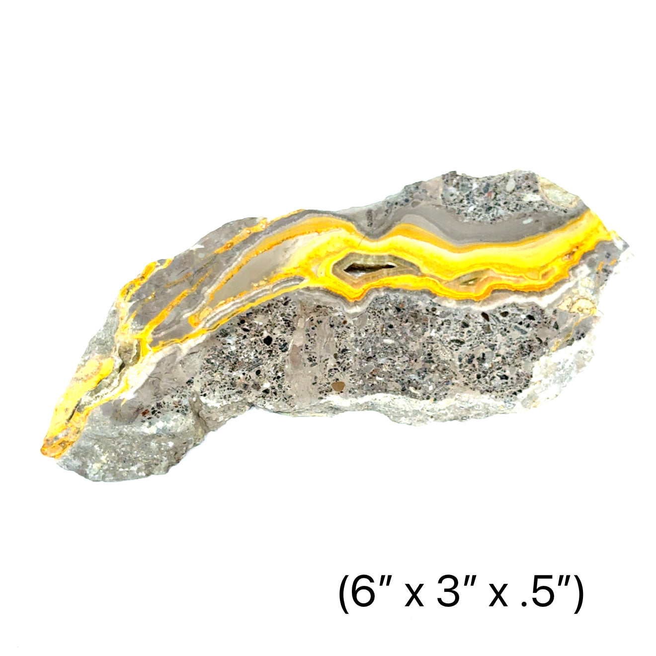 one  Vibrant yellow and grey banding of natural Bumble Bee Jasper slab (6''x3''x.5'') on a white background front view.