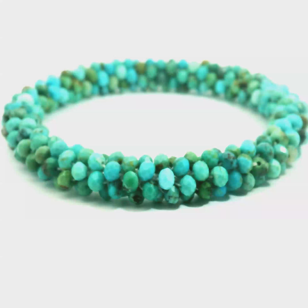 Turquoise Crocheted Gemstone Bracelet/Bangle on white center overview video
