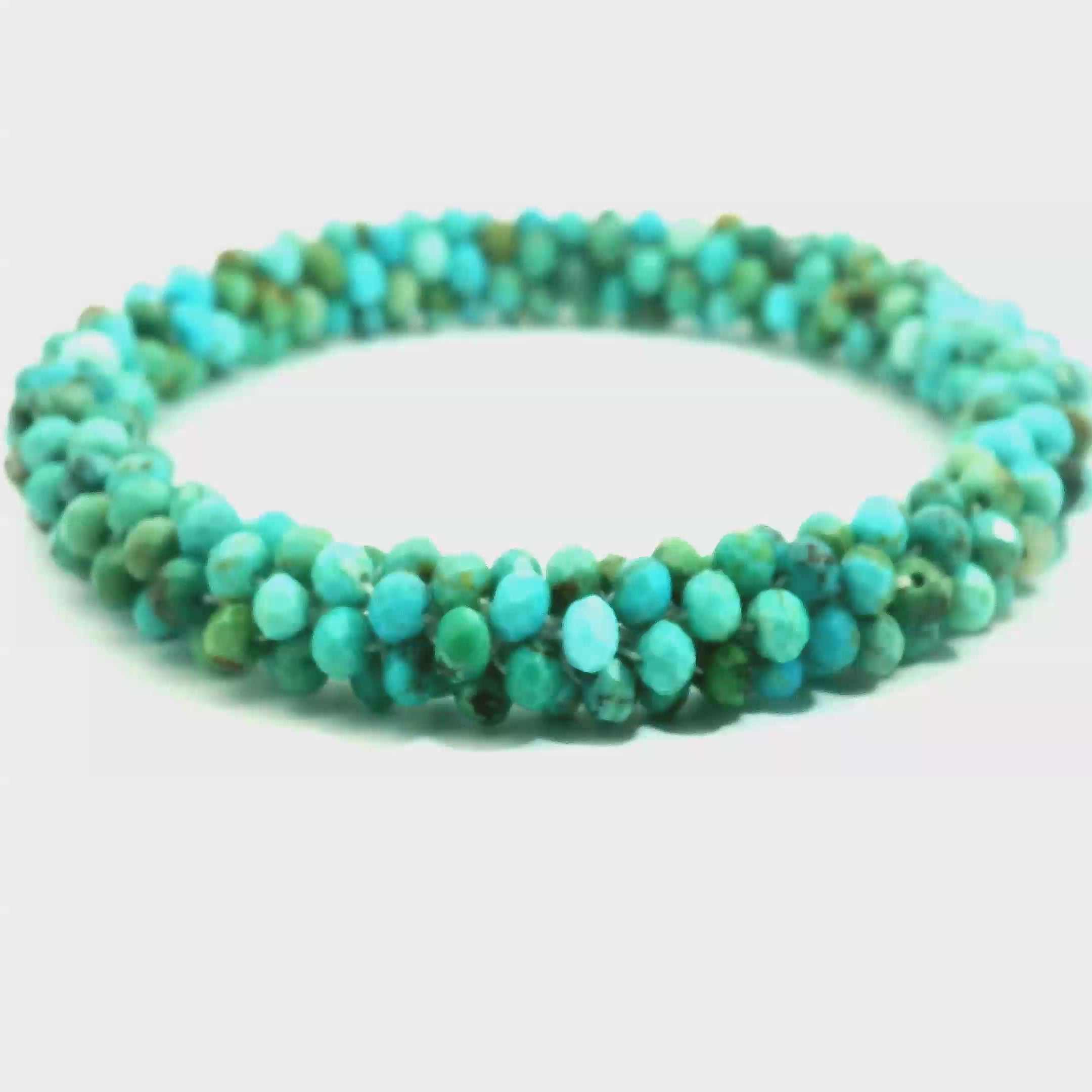 Turquoise Crocheted Gemstone Bracelet/Bangle on white center overview video