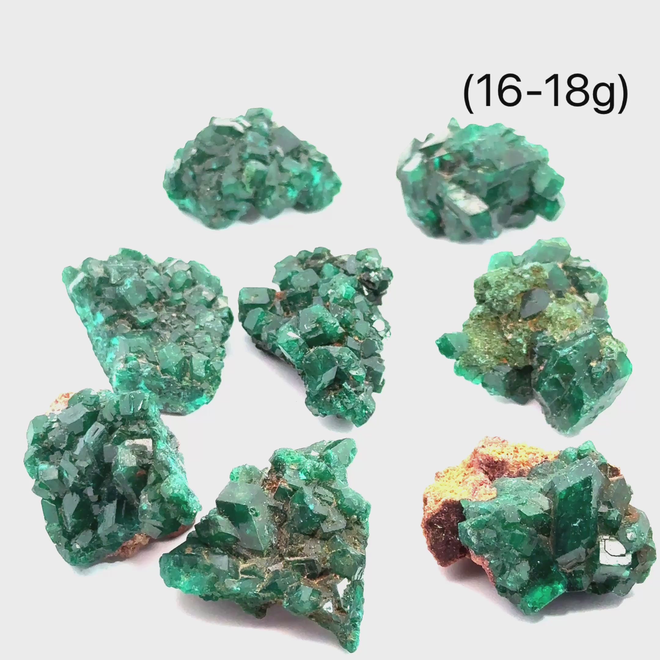 Dioptase Gemstone grouping on white 16-18g overview video