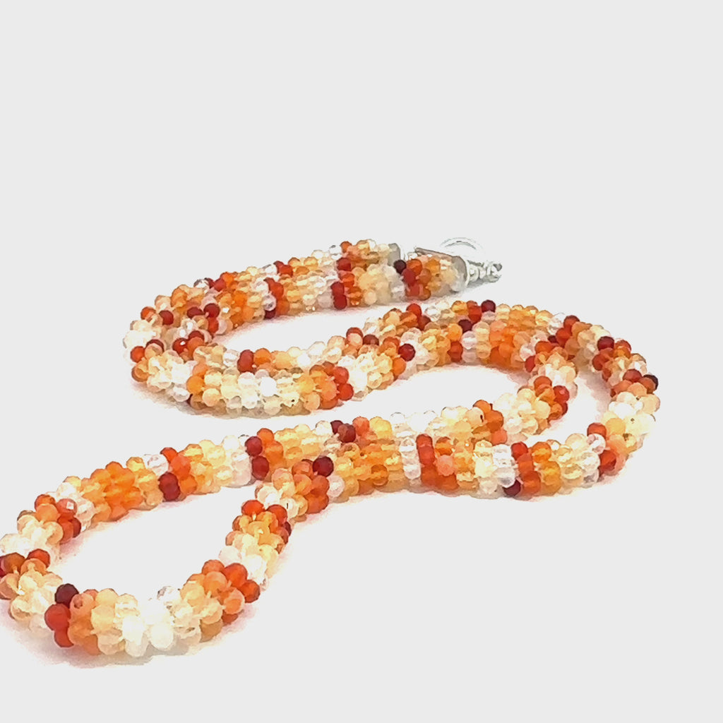 Fire Opal Crocheted Gemstone Necklace on white center long view video
