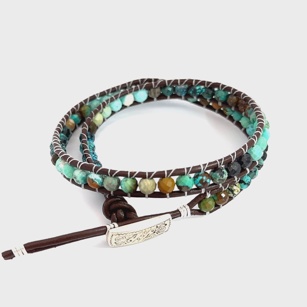Natural Turquoise Double Leather Wrap Bracelet with 5mm faceted gemstones, adjustable 7''–8'' on white front  overview video
