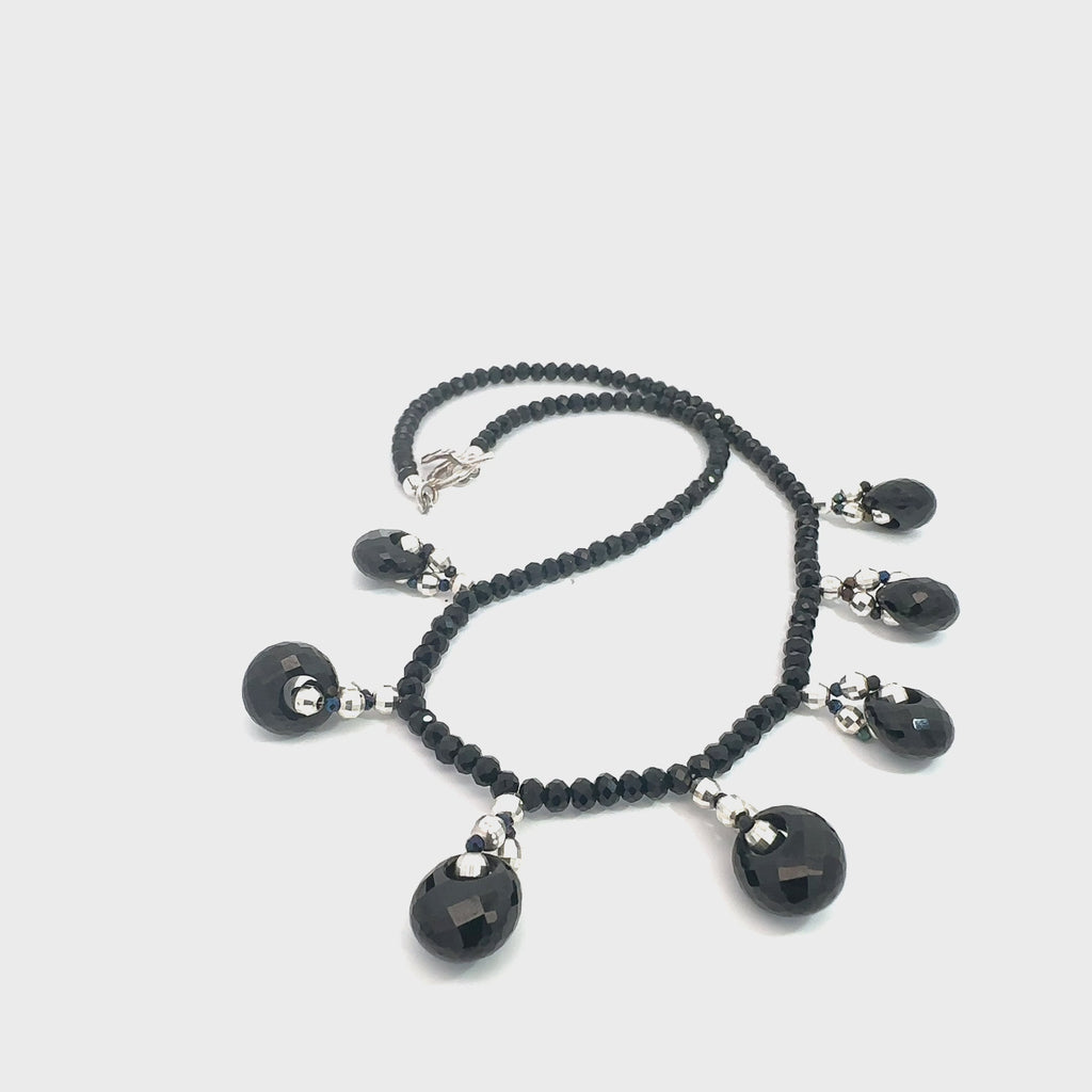 Handmade Black Tourmaline & Black Spinel beaded necklace with sterling silver beads, 16.5 inches on white overview video