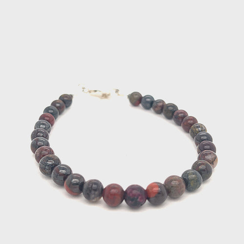 Brecciated Jasper gemstone bracelet with 6mm beads and sterling silver lobster clasp, 7.25 inches long on white front angle overview video