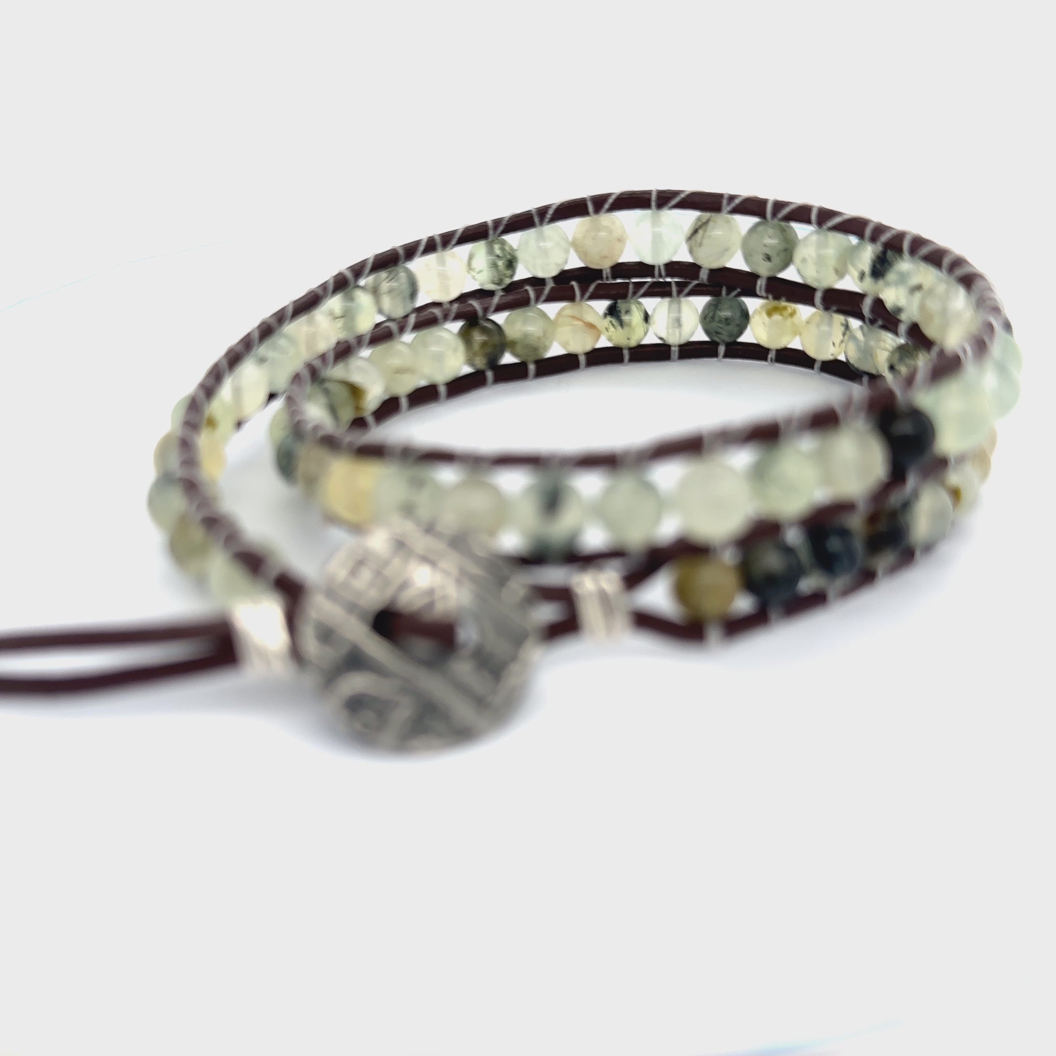 Prehnite Double Leather Wrap Bracelet, Green gemstones, Dark brown leather