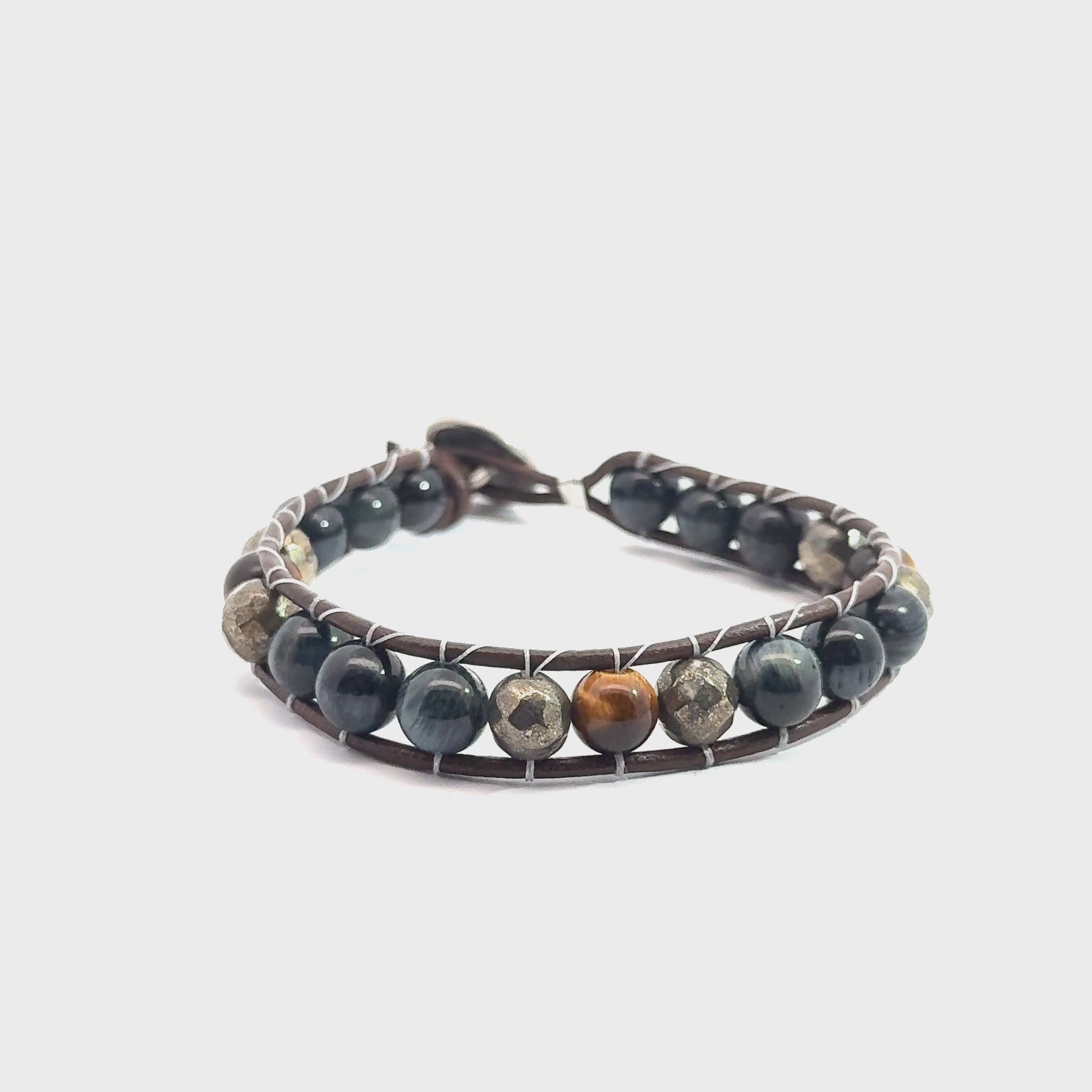 Leather Wrap Bracelet with Pyrite, Blue Tiger Eye & Golden Tiger Eye  on white center front view video