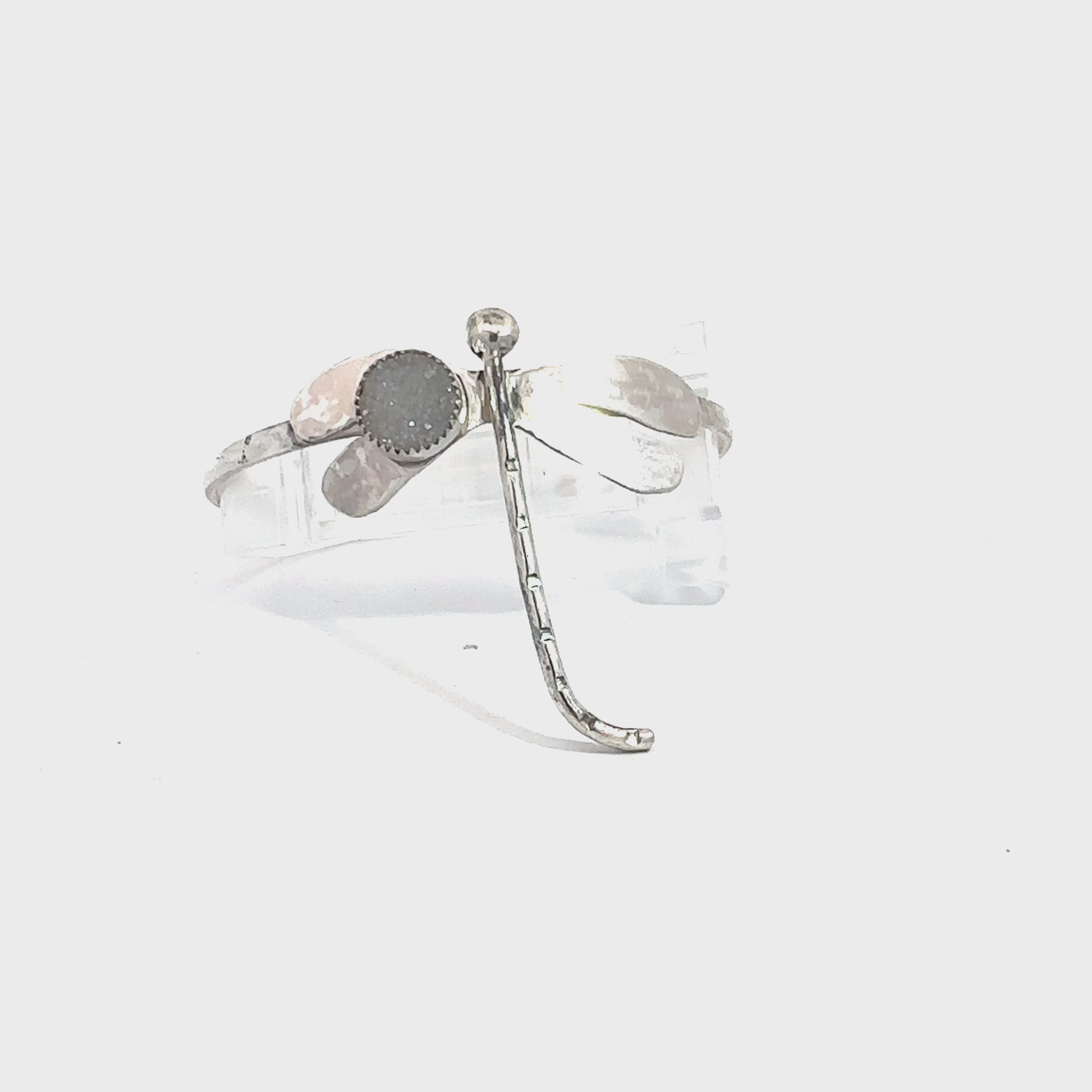 White Druzy Agate Sterling Silver Dragonfly Bangle on white front view video