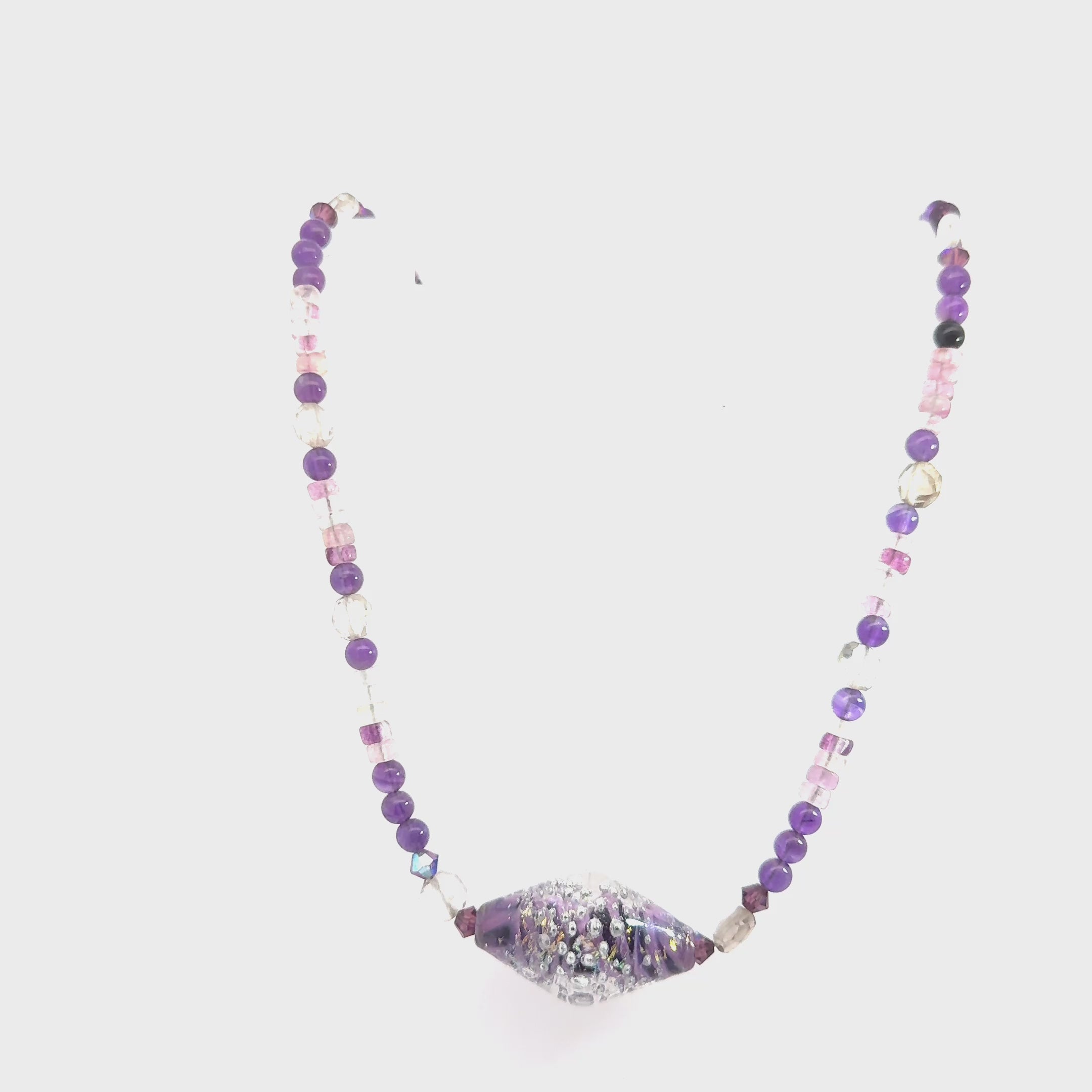 Amethyst and Clear Quartz beaded gemstone necklace with a Blown Glass Centerpiece, jewelry