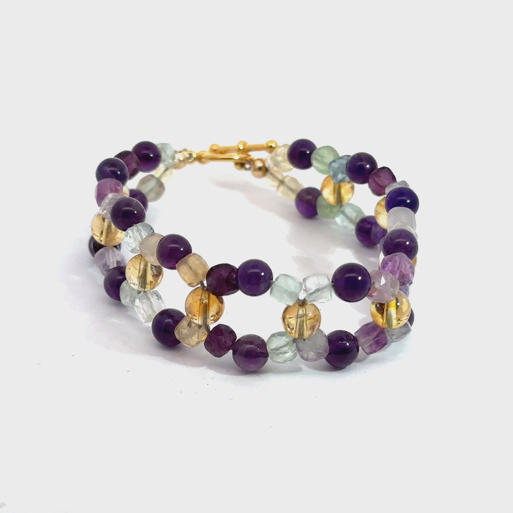 Amethyst, Rainbow Fluorite & Citrine Cross-Weave Bracelet on white center view video