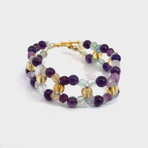 Amethyst, Rainbow Fluorite & Citrine Cross-Weave Bracelet on white center view video