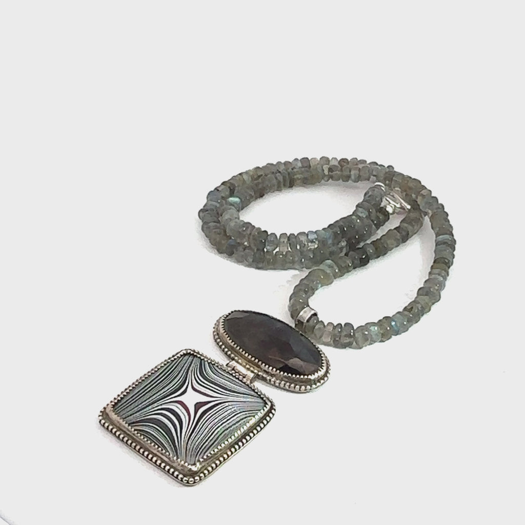 Labradorite Gemstone beaded necklace with Fordite and Shungite pendant, Jewelry