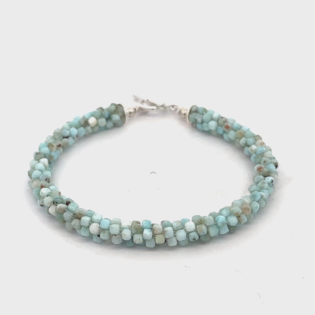 Larimar Gemstone Crocheted Bracelet on white center overview video
