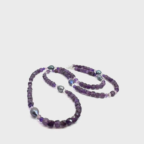 Amethyst, Ametrine & Baroque Pearl Necklace on white front and center overview video
