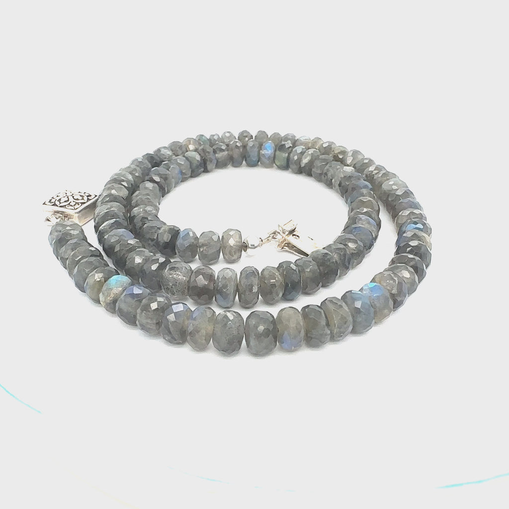 Stunning 7mm faceted Labradorite gemstone beaded necklace with sterling silver box clasp, 18.25 inches on white center overview video