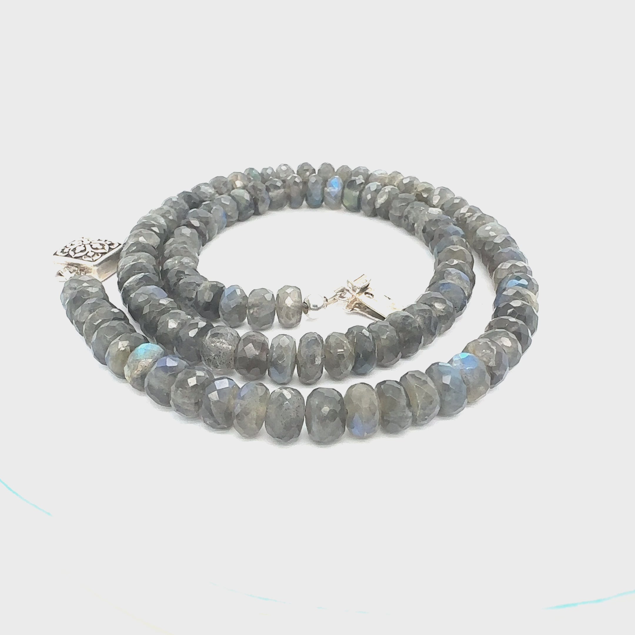 Stunning 7mm faceted Labradorite gemstone beaded necklace with sterling silver box clasp, 18.25 inches on white center overview video