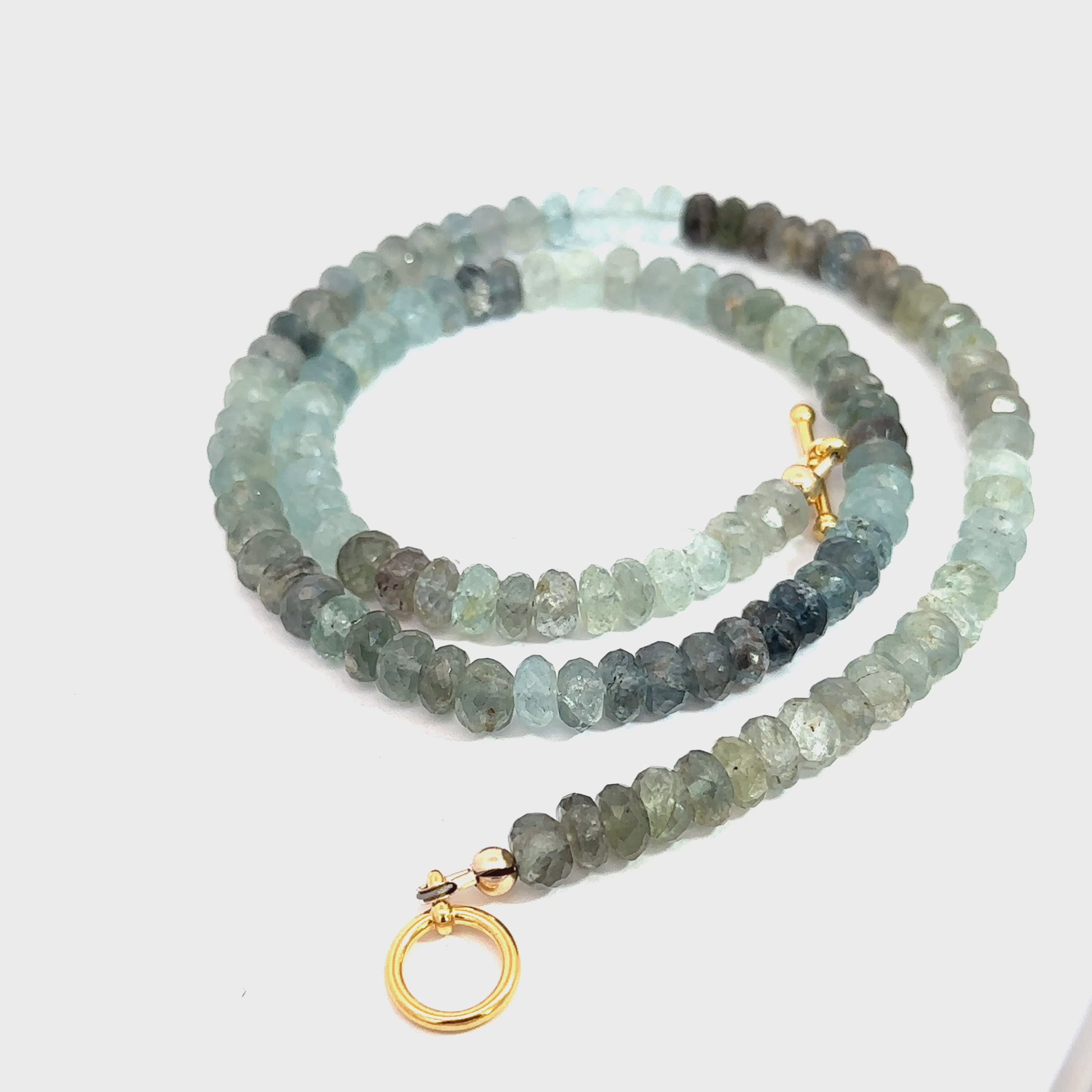 Aquamarine & Moss Agate Gemstone Necklace on white spiral front overview video
