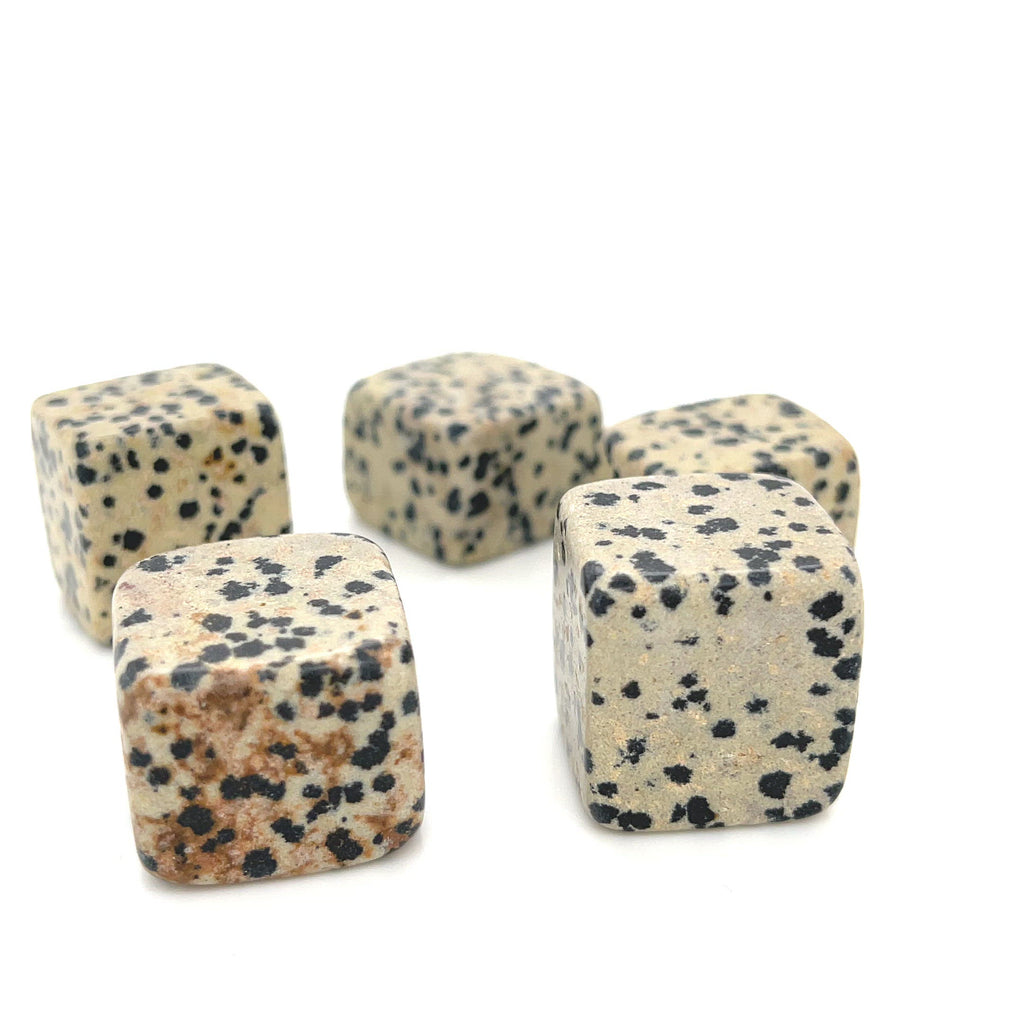 Dalmation Jasper stones with a speckled pattern on a white background, front view. video