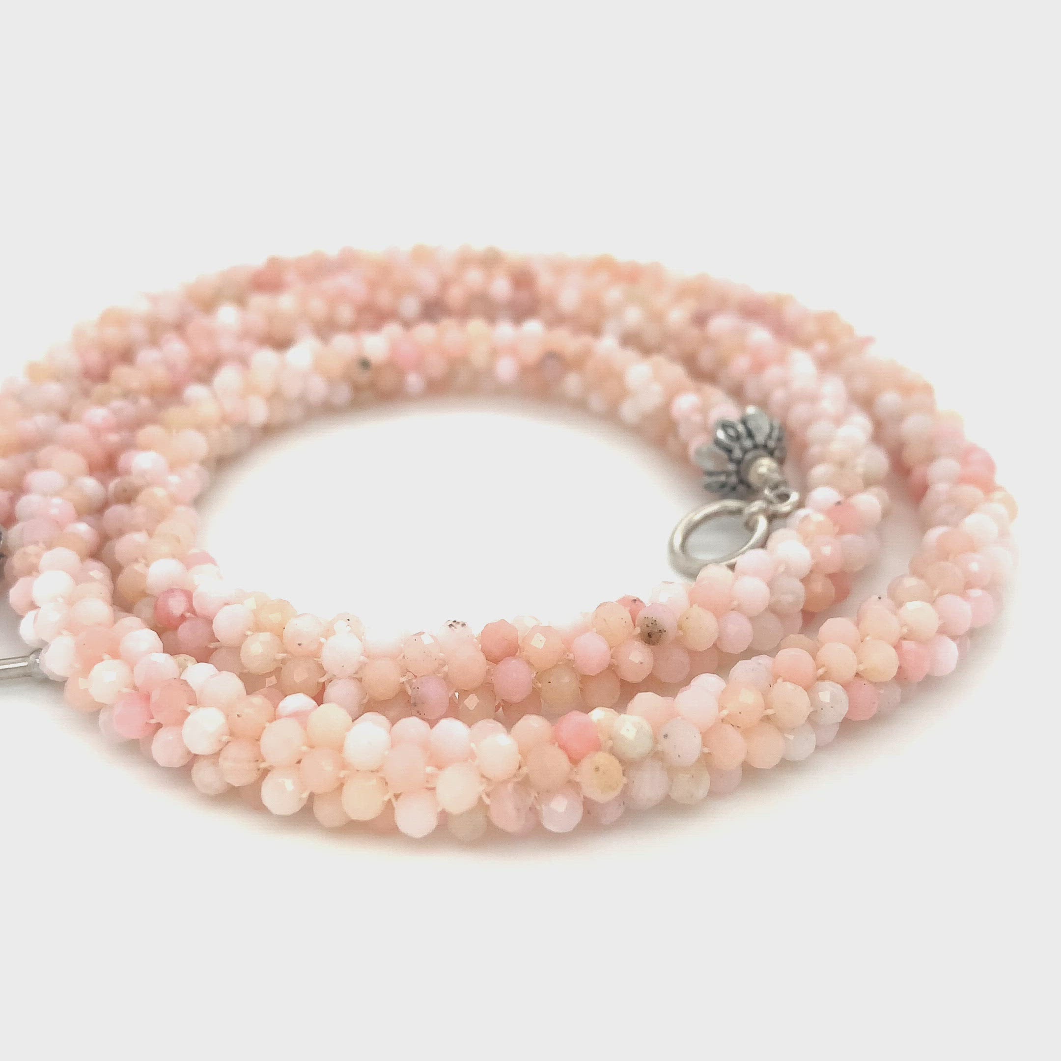 Bulgarian Crochet Pink Opal Bracelet with Sterling Silver Toggle | Handcrafted