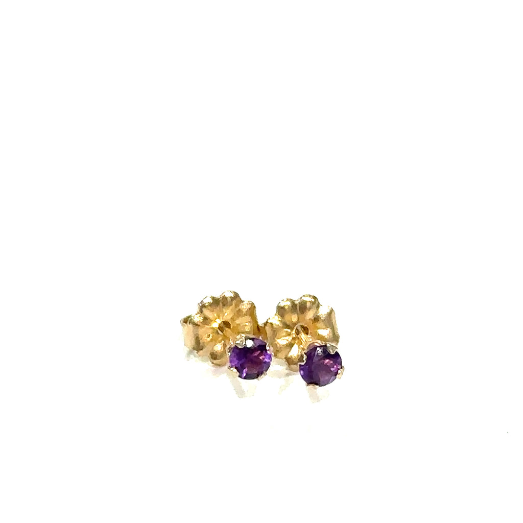 14k gold amethyst post earrings with deep purple round faceted gemstones on white background front overview