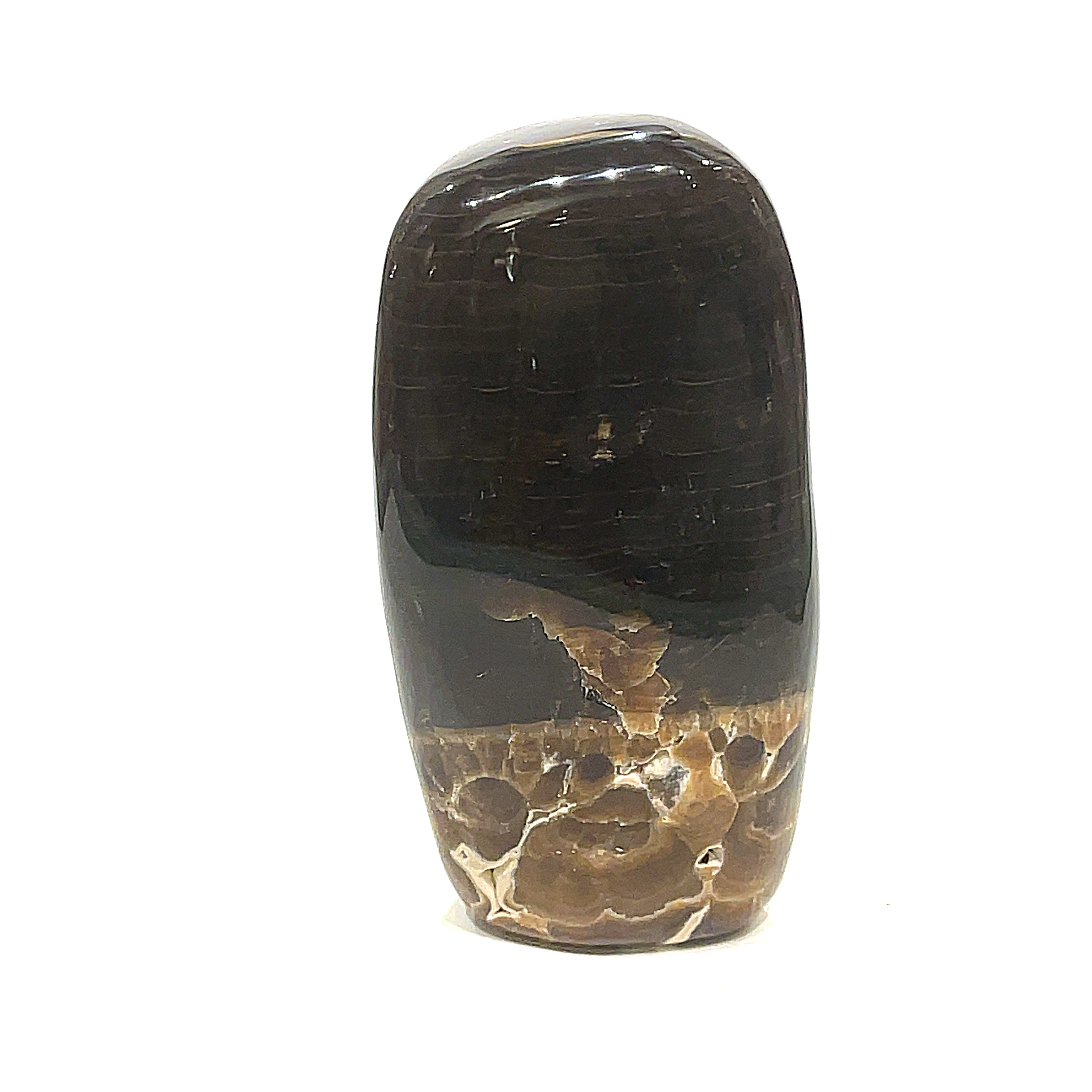 #1 Chocolate Calcite free-form gemstones varying slightly in size and shape, with a smooth, polished finish. They are displayed against a white background in a front view. 