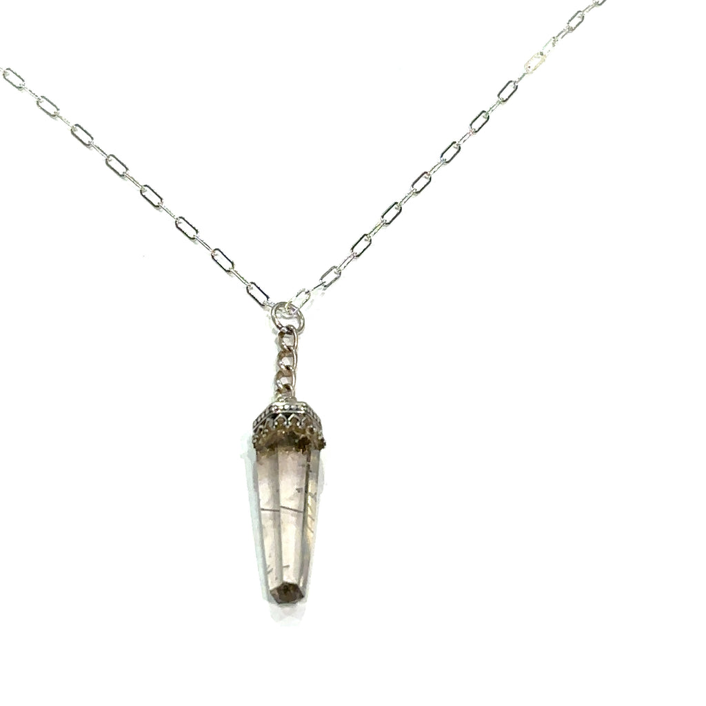 #1 Rutilated Quartz pendants on a Sterling Silver chain necklace with intricate designs on the bezel caps on a white background, hanging long view.