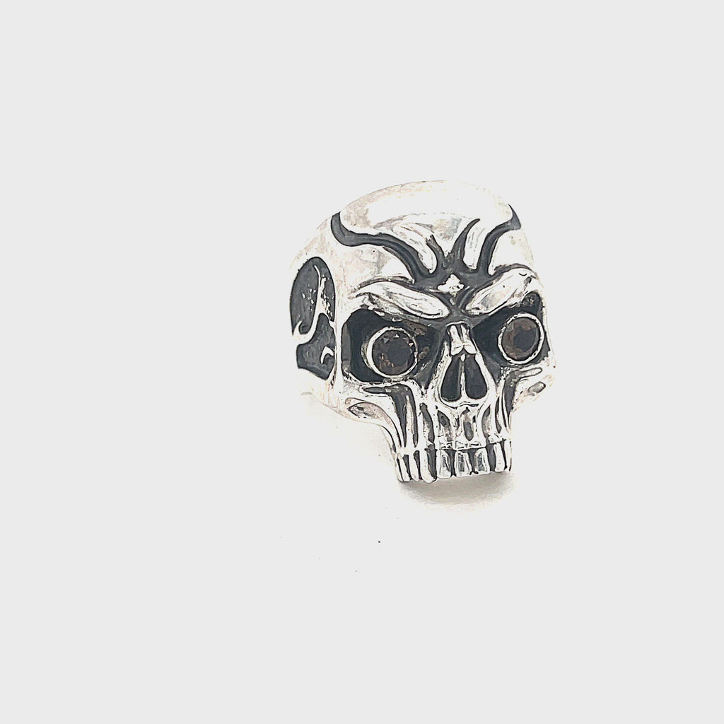 Custom CAD-designed silver skull ring — artisan men’s jewelry on a white background front view video