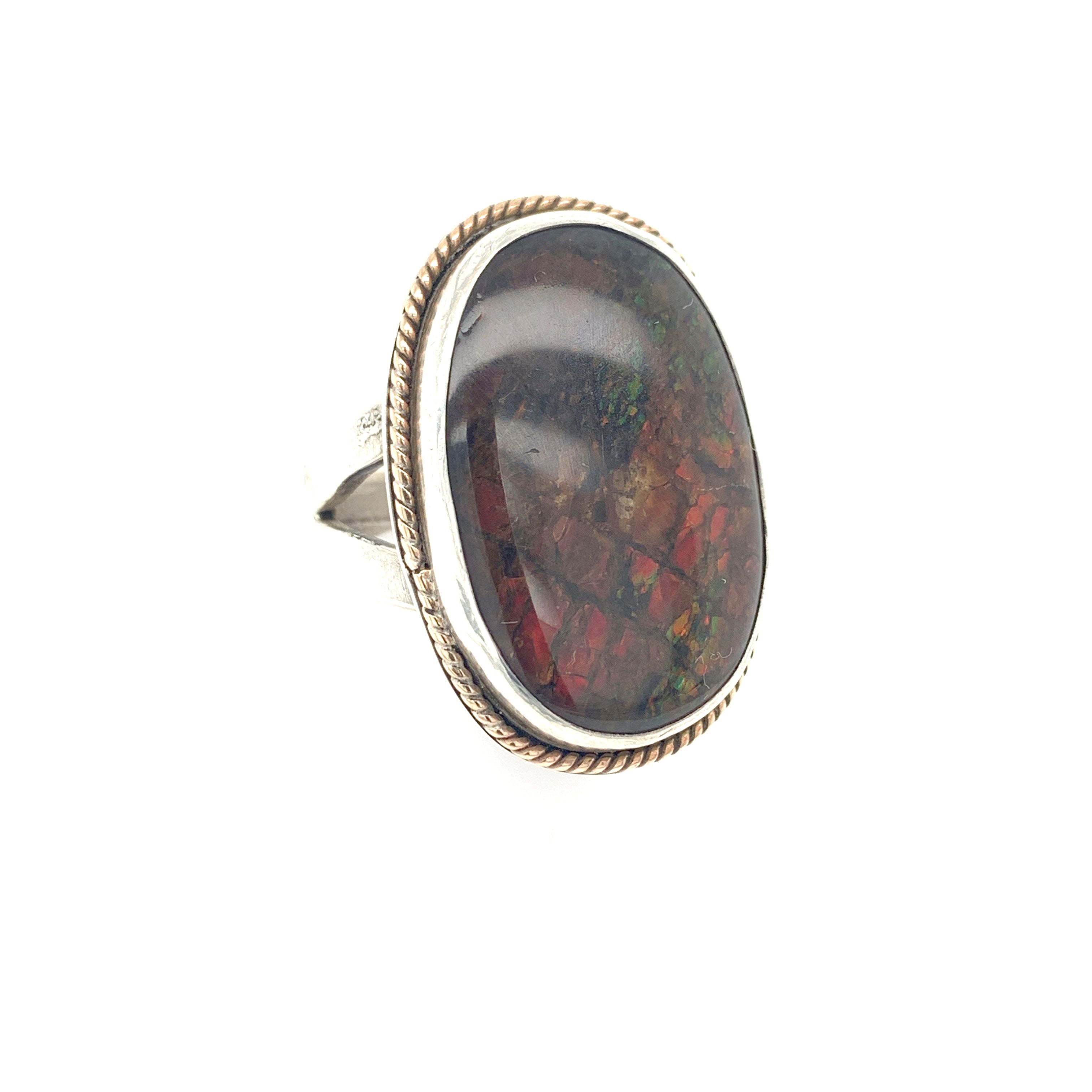Ammolite Sterling Silver bezel set split shank gemstone ring, jewelry