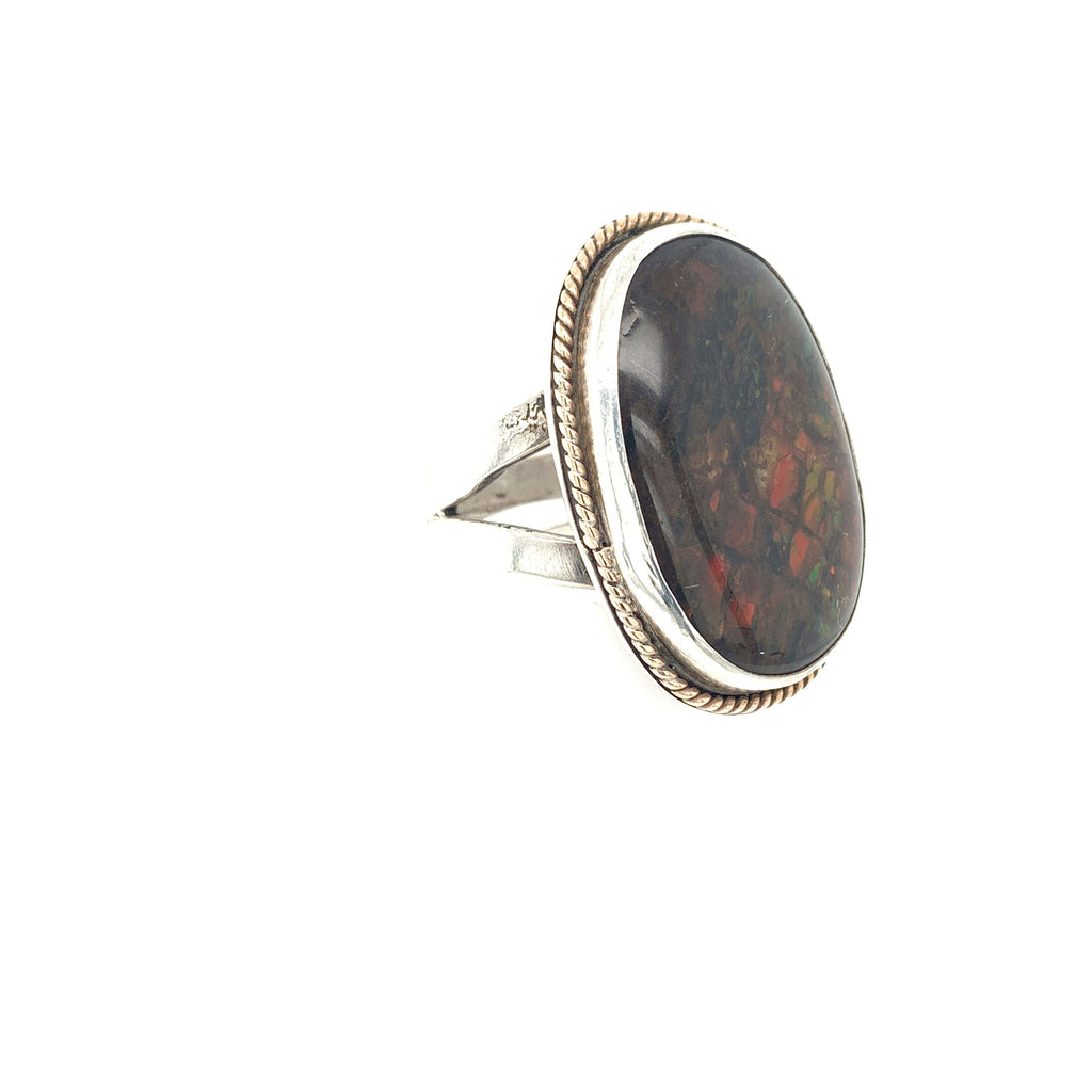 Ammolite Sterling Silver bezel set split shank gemstone ring, jewelry