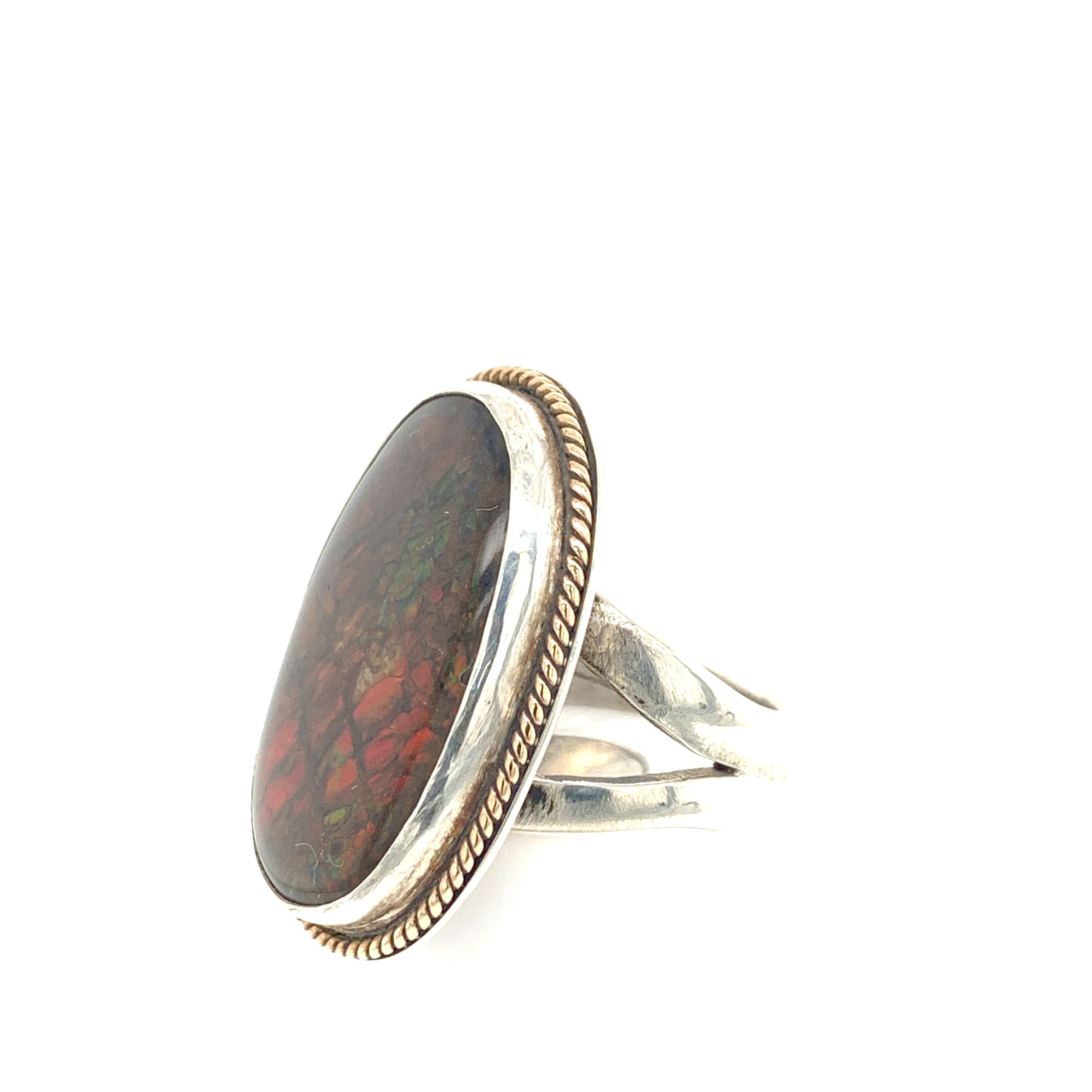 Ammolite Sterling Silver bezel set split shank gemstone ring, jewelry